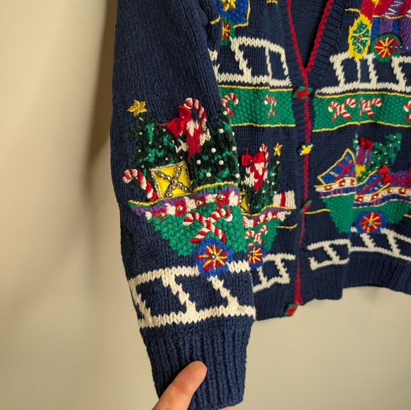 Vintage BellePointe Women's Medium Knit Navy "Ugly" Christmas Cardigan Sweater - Picture 4 of 14
